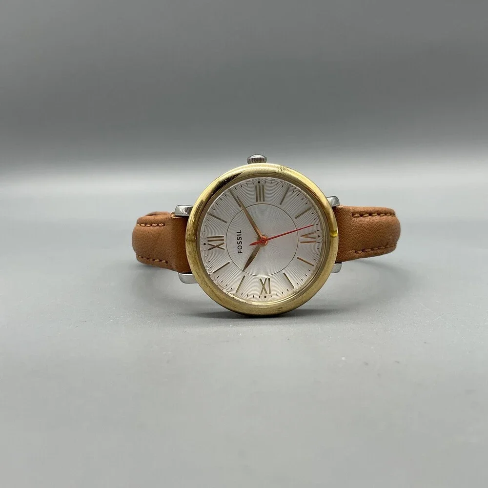 Fossil ES3791 Womens Watch 27mm Silver Dial Gold Tone Brown Leather New Battery